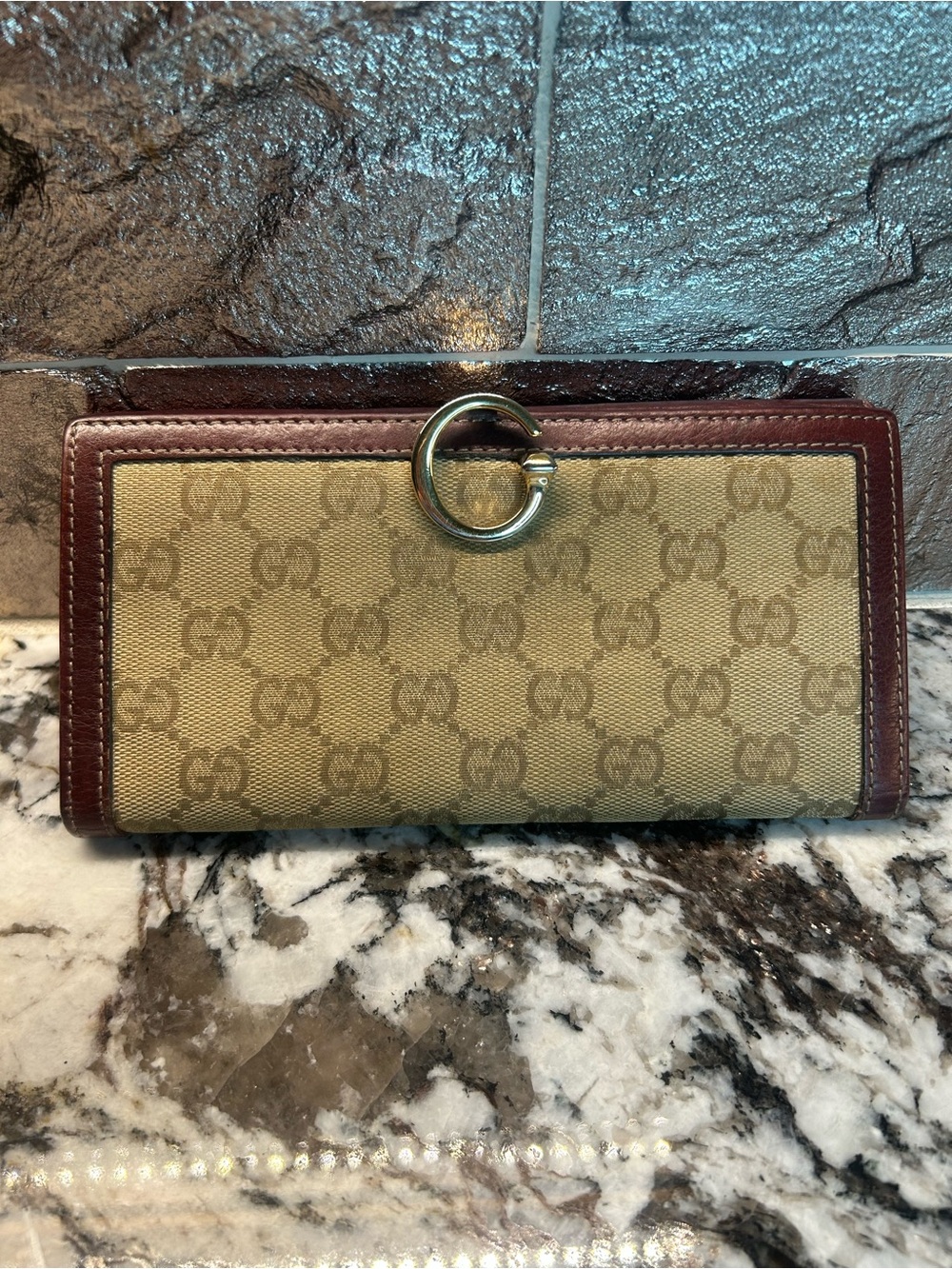 Gucci Beige GG Canvas Wallet with Brown Leather Trim and Ring Detail